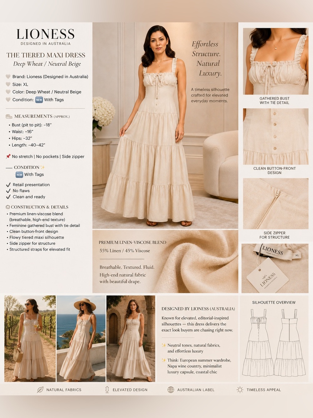 🆕 Lioness Linen Maxi Dress XL 🤎Wheat /Neutral Beige Button Front Boho Luxe NWT - Picture 2 of 16